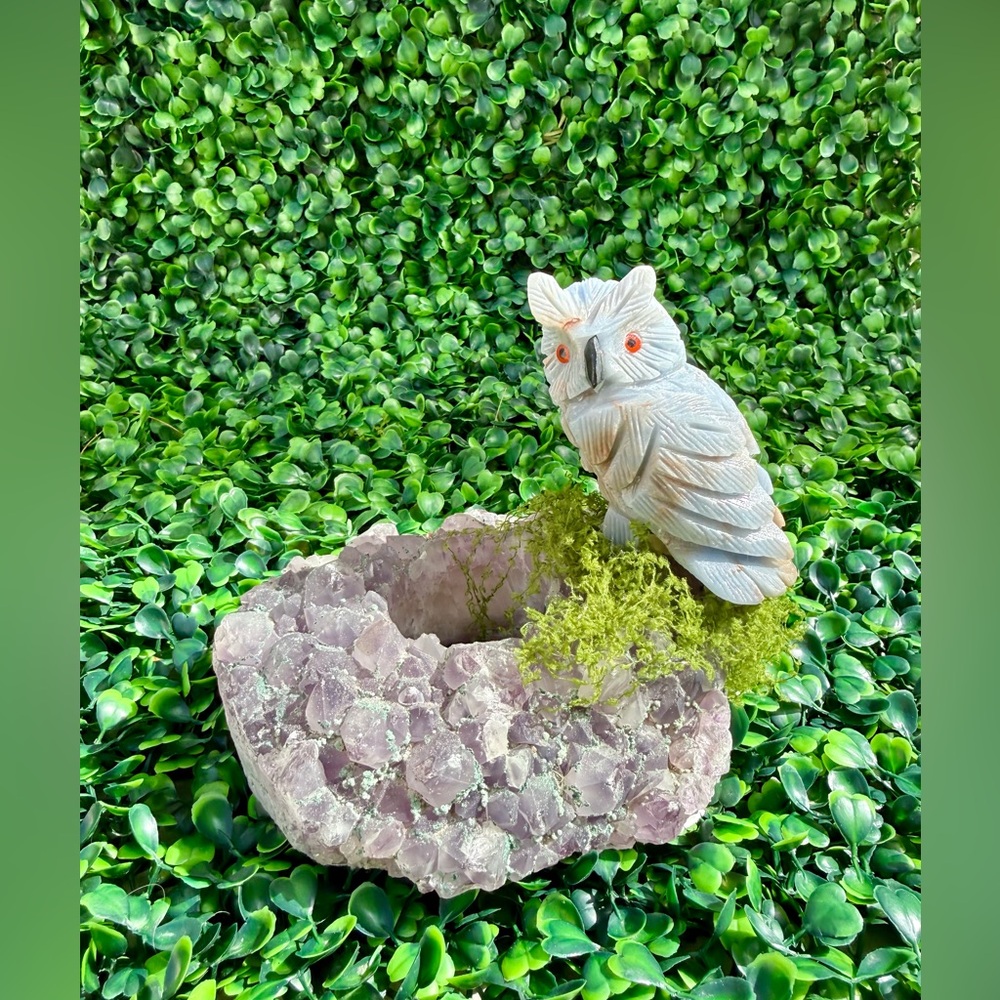 Angelite Owl carving on Amethyst Tea light holder